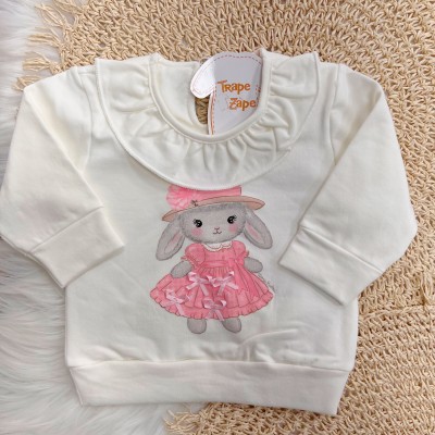 Conj. Casaco Coelhinha Camponesa e Calça  - Off White e Rosa